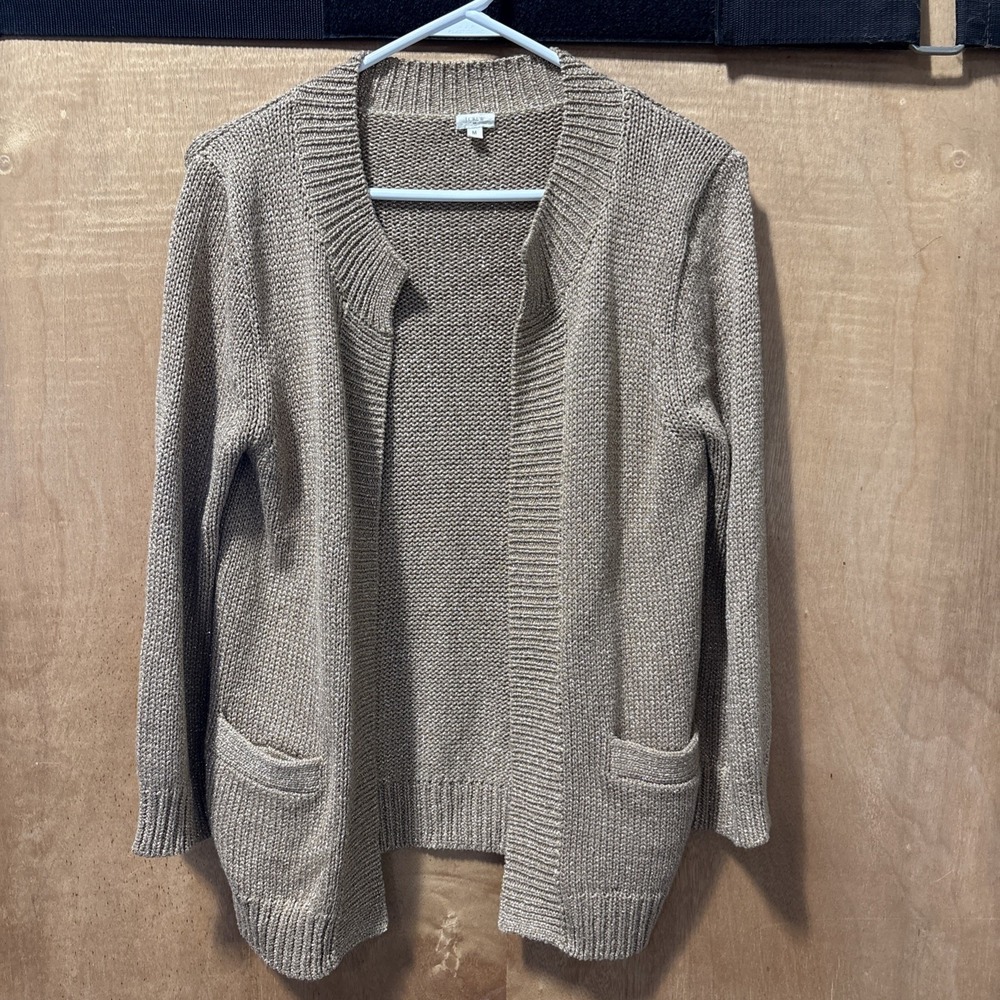 J Crew Open Cardigan Sweater Medium Gold Metallic 3/4 Sleeve Pockets